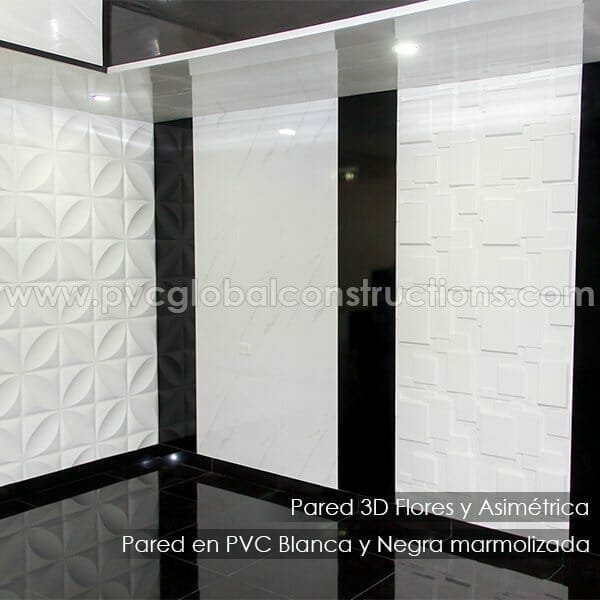 Pared en PVC y 3D Flores ondas negra blanca marmolizada Pared en PVC y 3D Flores ondas negra blanca marmolizada